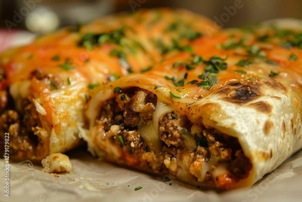 Fototapeta Close-up of grilled burrito with fresh filling. Neural network AI generated