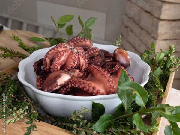 Fototapeta Fresh cooked octopus served in a white ceramic bowl, garnished with fresh herbs against a rustic backdrop. Mediterranean seafood styling with natural lighting and organic elements