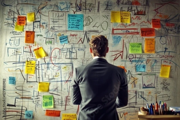 Fototapeta A businessman reviews a whiteboard covered in drawings, notes, and sticky notes, brainstorming ideas.