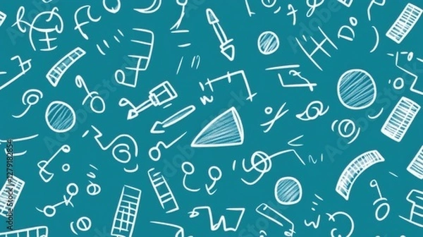 Fototapeta Teal background with white hand drawn shapes and symbols, creating a playful, educational, and abstract pattern. Perfect for back to school or