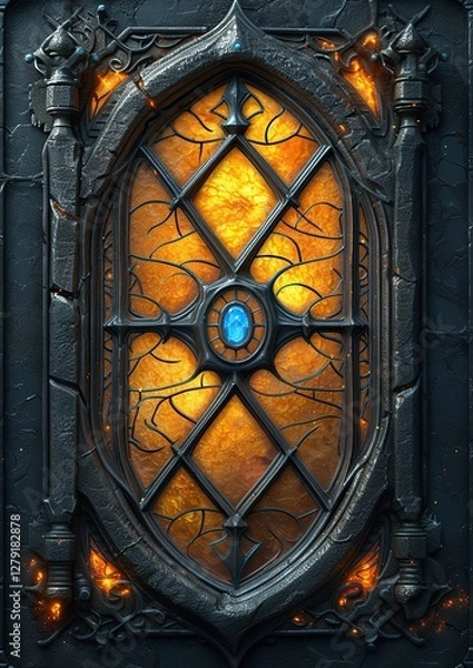 Fototapeta An ornate medieval fantasy card with a jeweled border against a black background
