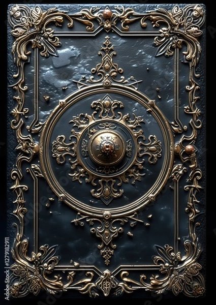 Fototapeta Medieval fantasy empty book with a gemstone-encrusted frame on a dark backdrop