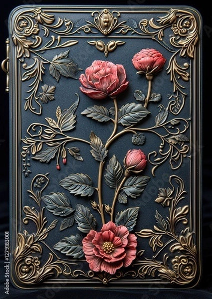 Fototapeta An ornate medieval fantasy card with a jeweled border against a black background