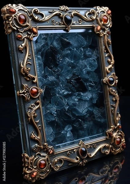 Fototapeta Medieval fantasy empty card with a jeweled frame on a black background