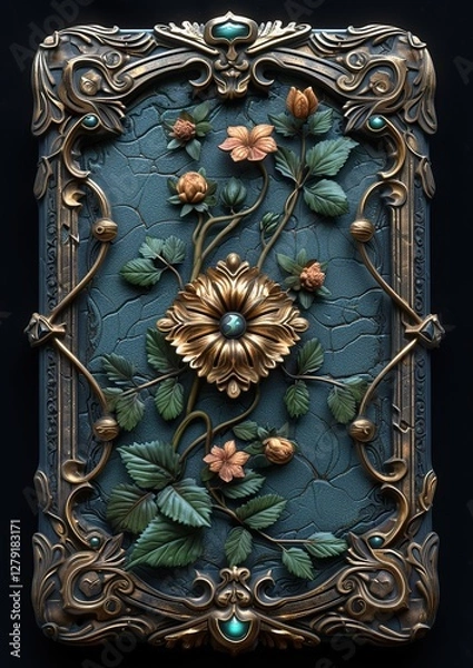 Fototapeta A luxurious medieval fantasy book with an intricate gemstone frame on a dark background