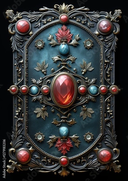 Fototapeta Medieval fantasy empty book with a gemstone-encrusted frame on a dark backdrop