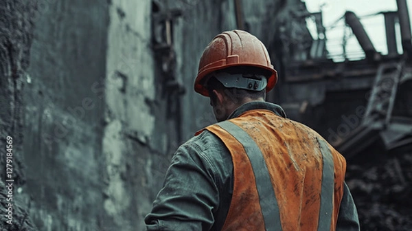 Fototapeta An industrial worker stands in front of a dilapidated structure