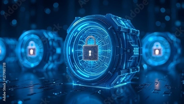 Fototapeta Cybersecurity Concept: Glowing Blue Hologram and Digital Lock Icons for Data Protection