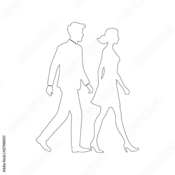 Fototapeta Man and woman walking Line art. Single line vector sketch, doodle. Romantic Couple in love, Wedding  in a minimalist style.