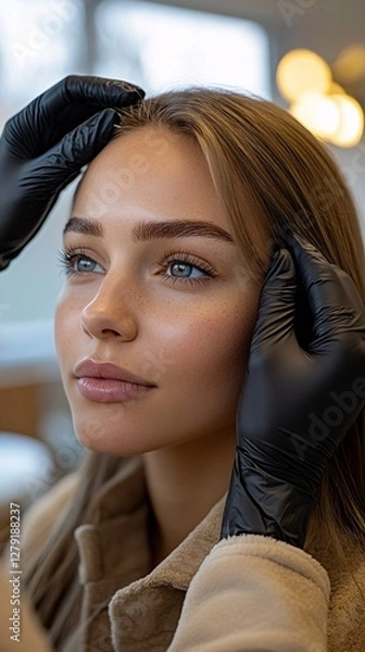 Obraz A professional cosmetic procedure being performed, where a skilled beautician is carefully applying treatment to a woman's face, showcasing precision and care in the beauty industry