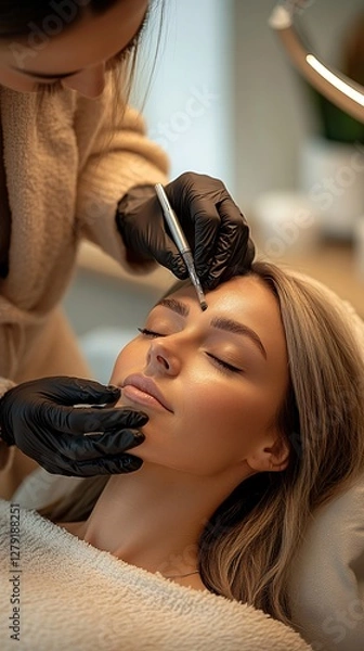 Obraz A professional cosmetic procedure being performed, where a skilled beautician is carefully applying treatment to a woman's face, showcasing precision and care in the beauty industry
