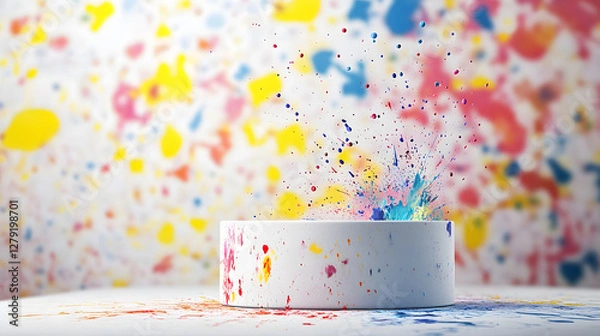 Obraz Dynamic and colorful abstract background with a vibrant paint splash explosion and an empty podium
