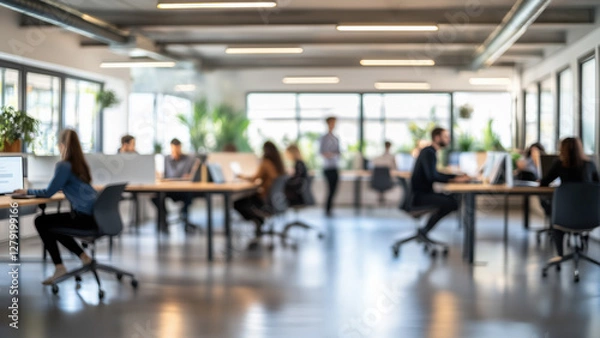 Obraz Blurred people working in a clear modern office open space, workplace teamwork