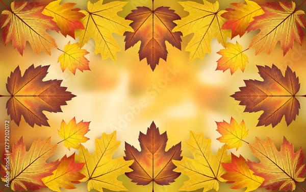Obraz Autumnal Embrace: A vibrant composition of colorful maple leaves forms a decorative border, radiating warmth and the essence of the fall season. 