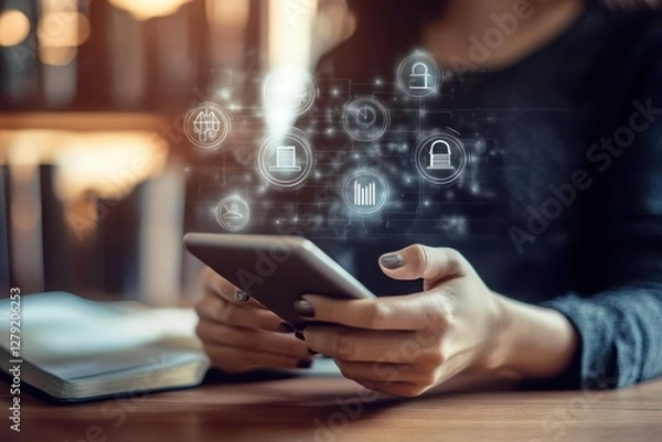 Fototapeta Woman Using Smartphone Surrounded by Digital Icons in Modern Office