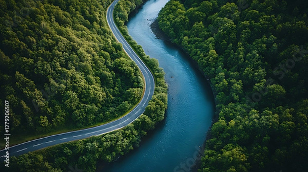 Obraz Aerial View of Curved Road Following River Amidst Lush Green Forest