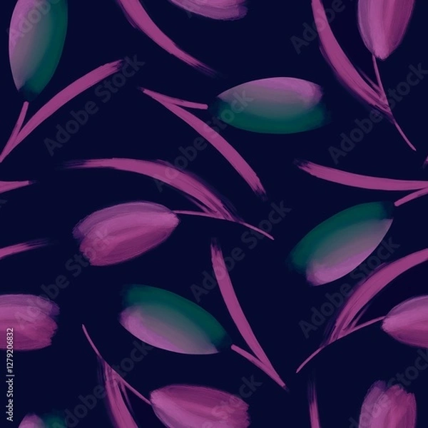 Fototapeta abstract purple background with leaves, seamless tulips flower with on navy blue background
