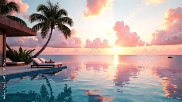 Fototapeta A beautiful sunset over the ocean with a palm tree in the background. The water is calm and the sky is filled with pink and orange hues