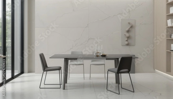 Fototapeta Modern Minimalist Dining Room with Elegant Gray Table and Chairs
