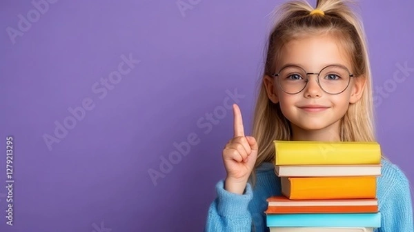 Obraz Young girl student with glasses holding books and sharing an idea