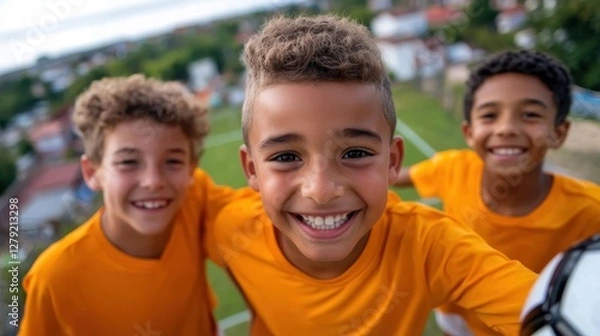Obraz Fun soccer game brings neighborhood friends together in backyard
