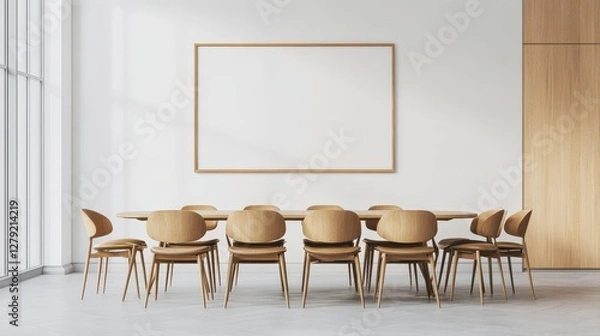 Fototapeta Modern Dining Area With Wooden Table Surrounded by Upholstered Chairs and Decorative Plants in a Minimalist Space