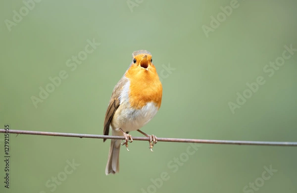 Fototapeta Portrait of European robin singing in spring