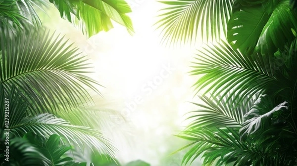 Fototapeta Lush Green Palm Fronds Create a Tranquil Pathway in a Tropical Rainforest During Early Morning Light in Nature's Paradise