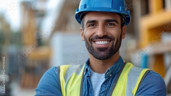 Fototapeta Confident construction site manager overseeing project with a smile