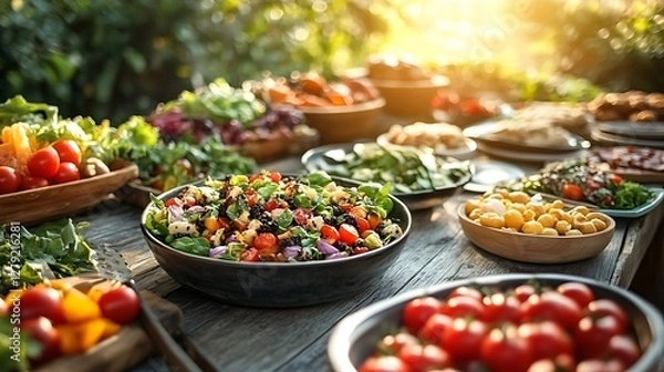 Obraz Cozy home dining with a plant based dish on a rustic wooden table