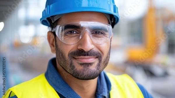 Fototapeta Confident construction site manager overseeing progress with pride