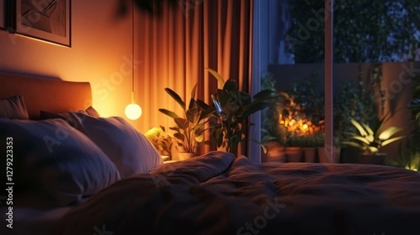 Fototapeta Cozy Bedroom With Ambient Lighting and Indoor Plants During the Evening, Creating a Serene Atmosphere for Relaxation and Comfort