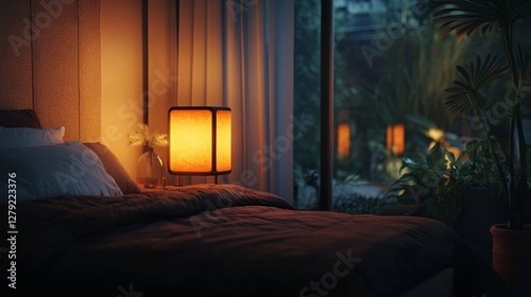 Fototapeta Cozy Bedroom With Ambient Lighting and Indoor Plants During the Evening, Creating a Serene Atmosphere for Relaxation and Comfort