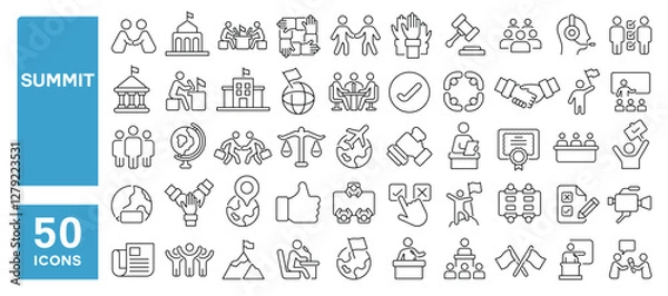 Fototapeta Set of 50 line icons related to summit, conference, international relations, diplomacy, meeting, embassy, governance, mediation, protocol, speech, consulate, Editable stroke. Vector illustration