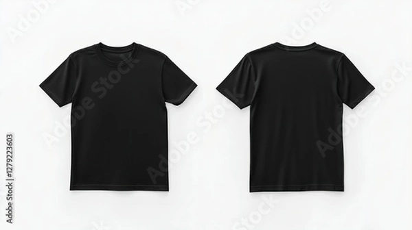 Fototapeta Black T-Shirt flat lay, front and back view, clean white background, studio lighting setup