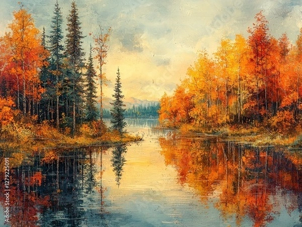 Fototapeta Autumn reflections tranquil lake nature photography scenic landscape vibrant colors peaceful atmosphere