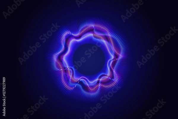 Obraz Dynamic red blue gradient radial speed sound wave light line pattern. Circular audio music symbol. Speaking abstract soundwave illustration, voice visualization spectrum, digital equalizer frequency. 