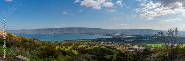 Fototapeta Panoramic view of the Sea of Galilee from the viewpoint along the road down from Poriya in Israel. 