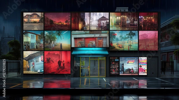 Fototapeta Cyberpunk street with glowing neon ads in sci-fi city. Futuristic cyberpunk street in the neighborhood
