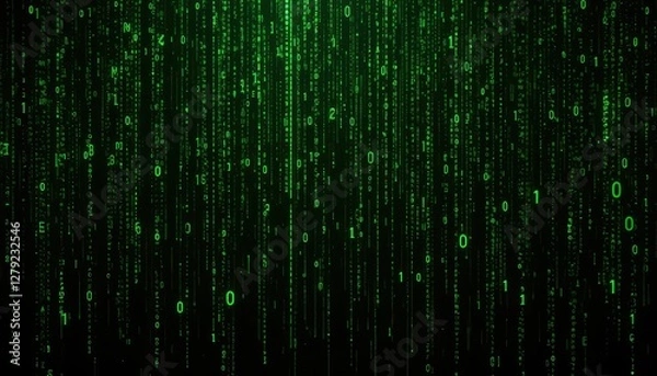 Fototapeta Green Digital Rain with Binary Code and Glowing Numbers