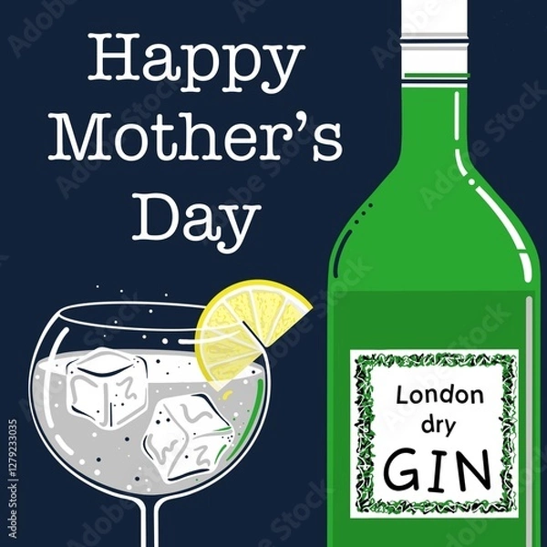 Fototapeta Gin and tonic illustration. Balloon glass and gin bottle. Gin and tonic with a slice of lemon and ice cubes. London dry gin. Stylised gin and tonic illustration. Gin and tonic on the rocks with lemon.