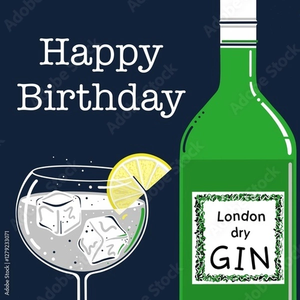 Fototapeta Gin and tonic illustration. Birthday gin. Gin and tonic with a slice of lemon and ice cubes. London dry gin. Stylised gin and tonic illustration. Gin and tonic on the rocks with lemon.