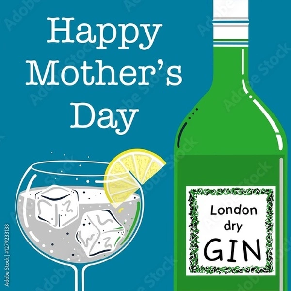 Fototapeta Gin and tonic illustration. Balloon glass and gin bottle. Gin and tonic with a slice of lemon and ice cubes. London dry gin. Stylised gin and tonic illustration. Gin and tonic on the rocks with lemon.