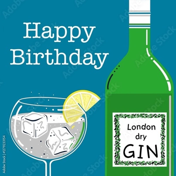 Fototapeta Gin and tonic illustration. Birthday gin. Gin and tonic with a slice of lemon and ice cubes. London dry gin. Stylised gin and tonic illustration. Gin and tonic on the rocks with lemon.