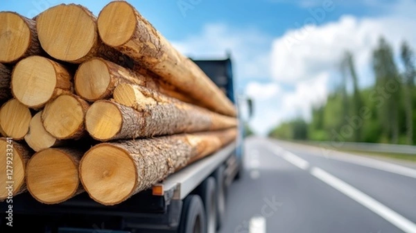 Obraz Timber truck transporting logs on a sunny highway in summer