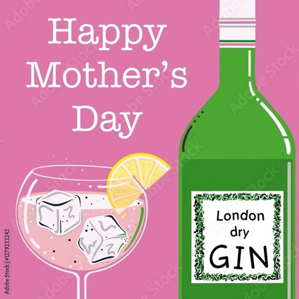 Fototapeta Gin and tonic illustration. Mother's Day gin. Gin and tonic with a slice of lemon and ice cubes. London dry gin. Stylised gin and tonic illustration. Gin and tonic on the rocks with lemon.