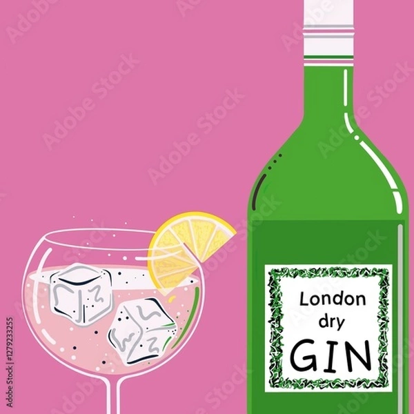 Fototapeta Gin and tonic illustration. Balloon glass and gin bottle. Gin and tonic with a slice of lemon and ice cubes. London dry gin. Stylised gin and tonic illustration. Gin and tonic on the rocks with lemon.