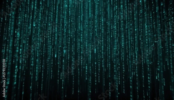 Fototapeta Glowing Green Digital Rain of Binary Code on Dark Background