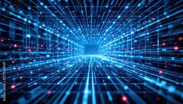 Fototapeta Abstract Digital Tunnel with Blue and Red Light Patterns in Perspective