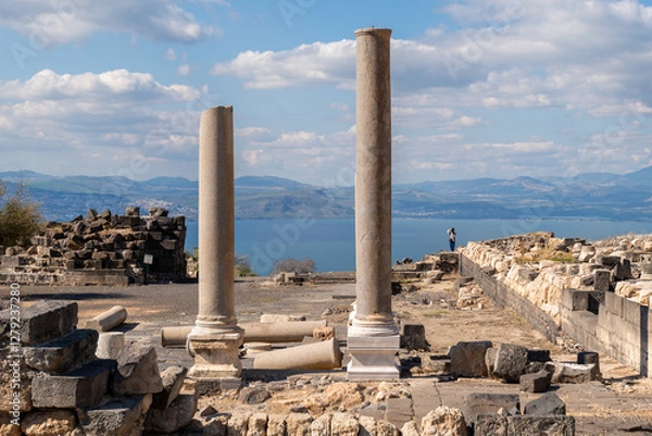 Fototapeta Ancient ruins of Susita (Hippos) National Park on the top of a mountain in the Golan Heights in Israel.
